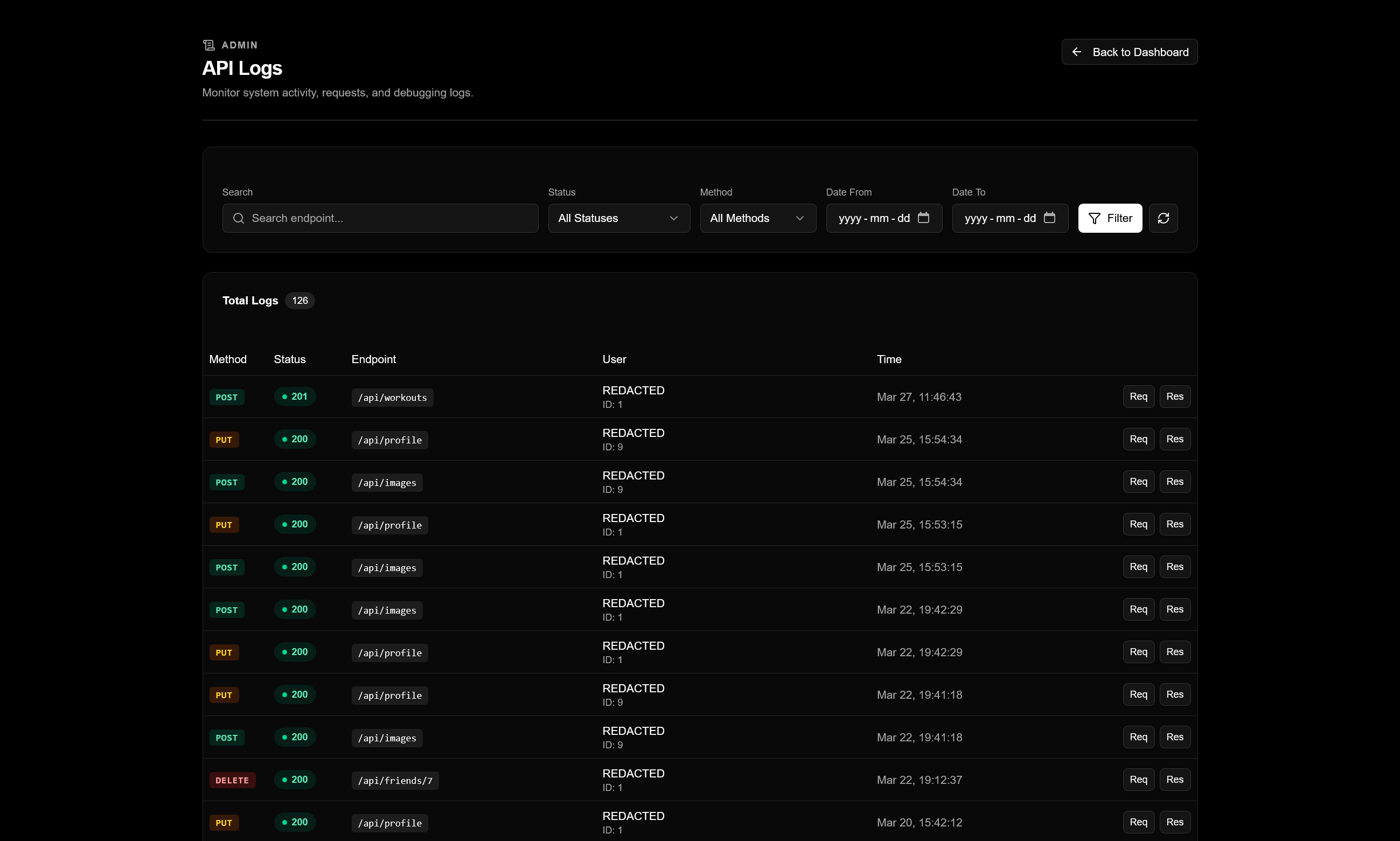 Repvia admin API logs page.